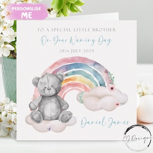 Tarjeta personalizada para el día del nombre de un hermano, tarjeta de felicitación con el nombre y la fecha de un oso arcoíris, recuerdo del día del nombre para él