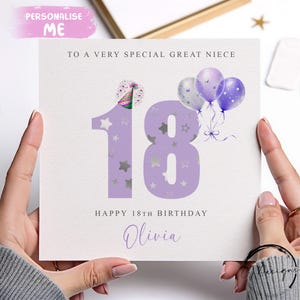 Tarjeta de cumpleaños personalizada para sobrina nieta, color morado y lila. Edades: CUALQUIER TEXTO/EDAD/ Nombre: 16, 17, 18, 21, 30, 40, 45, 50, 60, 65.
