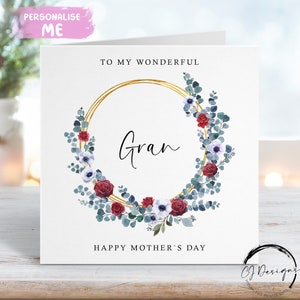 Gran Mothers Day Card - rode, blauwe, witte en gouden cirkel bloemenkrans ELKE BEWOORDING Naar mijn/naar onze