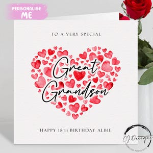 Carte d'anniversaire personnalisée arrière-petit-fils, coeurs rouges