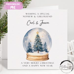 Gepersonaliseerde neef en vriendin-kerstkaart - Kerstboom Sneeuwbol Koppelkaart met namen