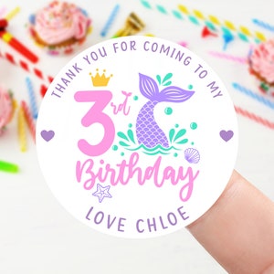 Personalised Birthday Stickers -Mermaid Birthday Party Bag Thank You Sticker - Name and Age Sweet Cone Stickers  37mm/45mm /51mm/64mm Girls