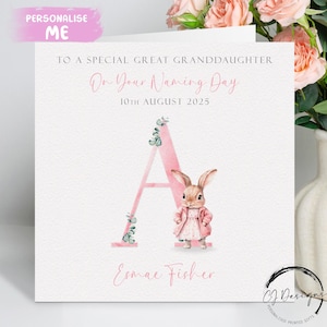 Personalisierte Urenkelin Namenstag Karte, Kaninchen Initial Name und Datum Grußkarte, Rosa Namenstag Andenken Geschenk