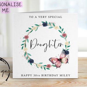 Biglietto di auguri personalizzato per il compleanno della figlia - Corona di farfalle floreale rustica Biglietto di auguri per qualsiasi età/nome 18°, 21°, 30°, 40°, 50°, 60°, 70°,
