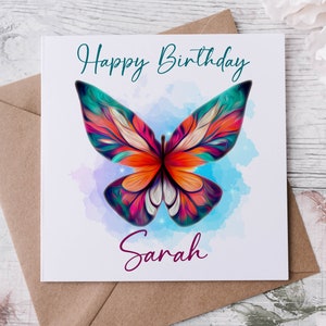 Carte d'anniversaire personnalisée papillon coloré, carte pour elle spéciale avec nom 16e 18e 21e 30e 40e 50e 60e 70e 80e