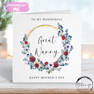 Great Nanny Mothers Day Card - rode, blauwe, witte en gouden cirkel bloemenkrans ELKE BEWOORDING Naar mijn/naar onze