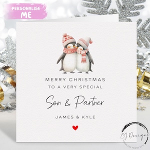 Biglietto di Natale personalizzato per figlio e partner: biglietto con coppia di pinguini e cuore rosso