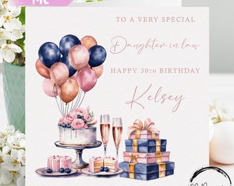 Birthday Card For Daughter in law Personalised Rose Gold, Pink, Blue Gift & Balloons