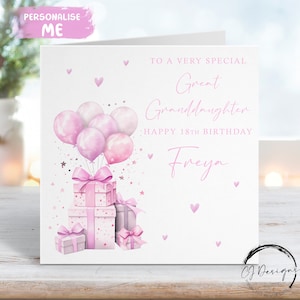Carte d'anniversaire personnalisée arrière-petite-fille rose, cadeau et ballons tout âge/nom 15ème 16ème 17ème 18ème 21ème 30ème 40ème 50ème