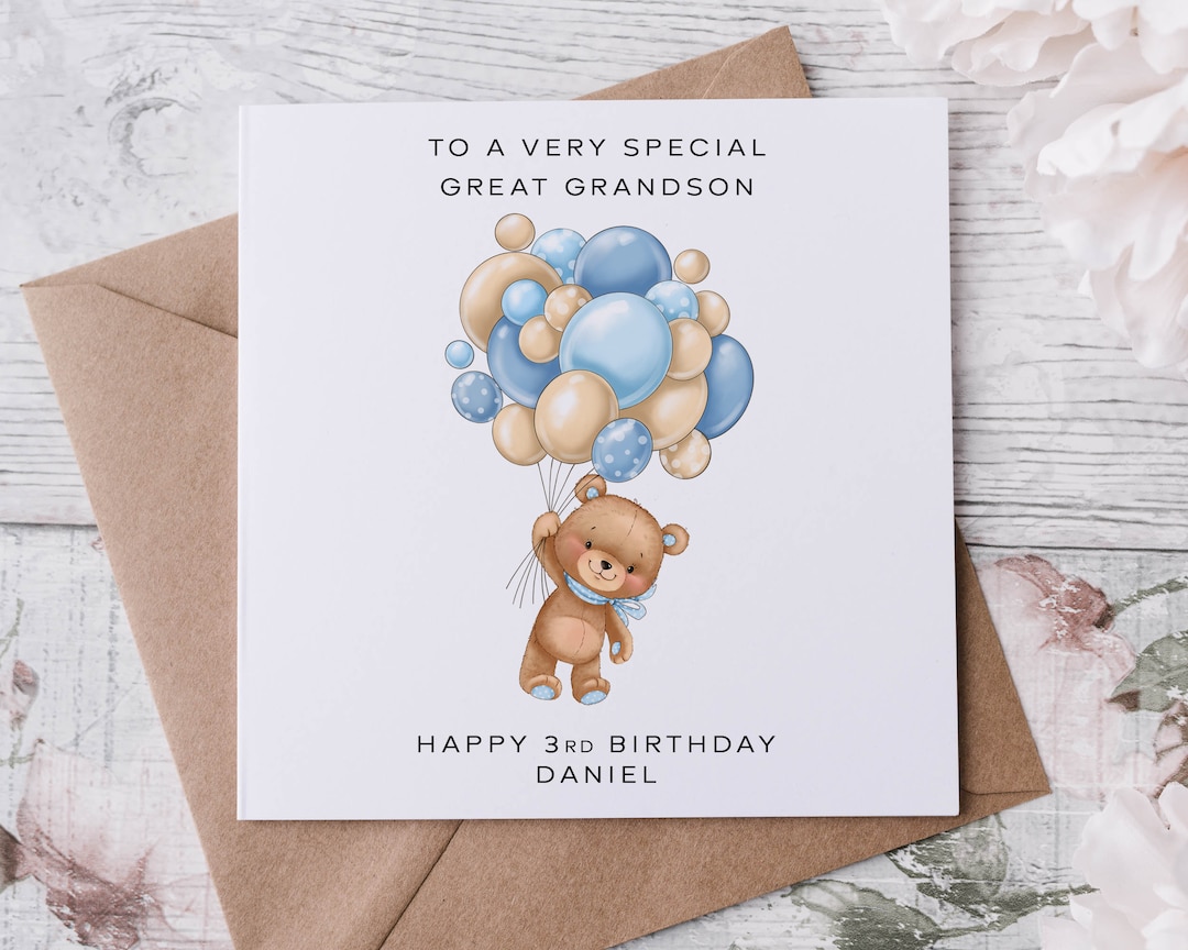 Personalised Great Grandson Birthday Card Teddy Bear and Blue Balloons ...
