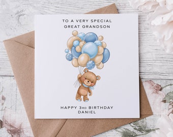 Personalised Great Grandson Birthday Card Teddy Bear and Blue Balloons Name & Age  Great Grandson Card for him