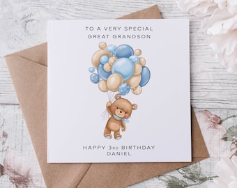 Personalised Great Grandson Birthday Card Teddy Bear and Blue Balloons Name & Age  Great Grandson Card for him