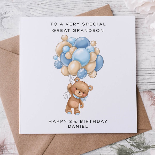 Carte d’anniversaire personnalisée de l’arrière-petit-fils Ours en peluche et ballons bleus Nom et âge Carte arrière-petit-fils pour lui