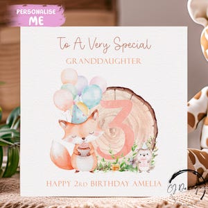 Carte d'anniversaire personnalisée petite-fille sur le thème de la forêt, nom et âge du renard hérisson - pour petite fille 1er 2e 3e 4e 5e 6e 7e 8e 9e 10e