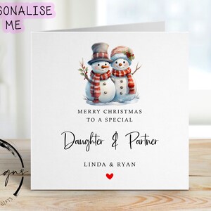 Personalisierte Tochter & Partner Weihnachtskarte -Schneemann Paar Karte und rotes Herz