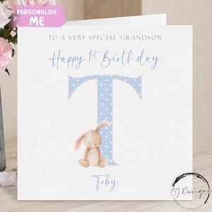 Cartão de aniversário personalizado para neto, nome inicial e idade, cartão de felicitações de coelho, 1º, 2º, 3º, 4º, 5º, 6º, 7º, 8º, 9º, lembrança para ele