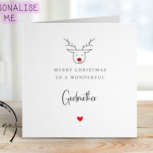 Kerstkaart voor peetmoeder met rode neus rendier, Merry Christmas-wenskaart Eenvoudig ontwerp kerstkaart