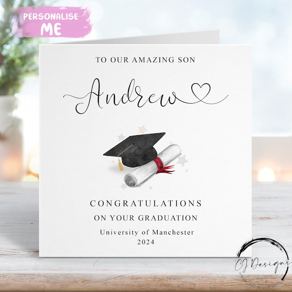 Personalised Son Graduation Card- with Cap & Scroll- Heart Name and University To My /To Our card