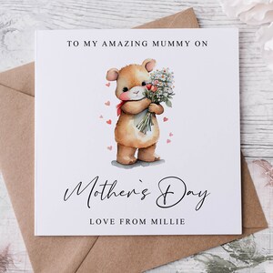 Carte de fête des mères maman - ours mignon avec fleurs - carte pour elle, maman, maman, maman, maman, maman, maman