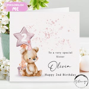Cartão de aniversário personalizado com ursinho de pelúcia para irmã - Ursinho fofo com balão rosa Qualquer idade e nome 1º 2º 3º 4º 5º 6º 7º 8º 9º 10º