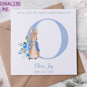 Biglietto di auguri personalizzato per il battesimo di Peter Rabbit, biglietto di auguri con nome e data iniziali, ricordo del giorno del battesimo