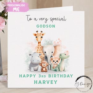 Cartão de aniversário personalizado para afilhado com nome de animais do Safari e qualquer idade - para meninos 1º, 2º, 3º, 4º, 5º, 6º, 7º, 8º, 9º e 10º anos