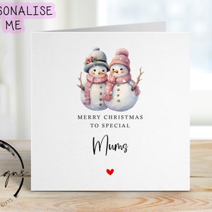 Carte de Noël personnalisée spéciale mamans - Carte bonhomme de neige couple femmes et coeur rouge