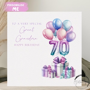 Carte d'anniversaire personnalisée arrière grand-mère tout âge ballons multicolores pastel 55e 60e 65e 70e 75e 80e 85e 90e 95e 100e