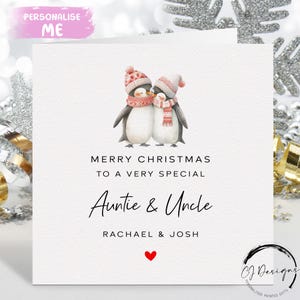 Carte de Noël personnalisée tante et oncle - carte couple pingouins et coeur rouge
