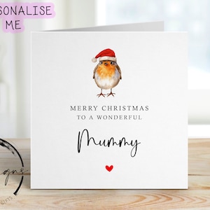 Kerstkaart voor mama met Robin met kerstmuts, Merry Christmas-wenskaart Eenvoudig ontwerp kerstkaart voor haar