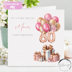 Carte d'anniversaire personnalisée pour maman, tout âge, rose et or rose, ballons numérotés 30e 40e 50e 55e 60e 65e 70e 75e 80e 85e 90e 95e 100e