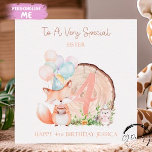 Cartão de aniversário personalizado para irmã Tema Woodland Fox Hedgehog Nome e idade - Para menina 1º 2º 3º 4º 5º 6º 7º 8º 9º 10º