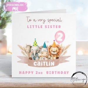 Cartão de aniversário personalizado para irmãzinha Tema de festa de animais Nome e idade - Para ela QUALQUER IDADE 1º 2º 3º 4º 5º 6º 7º 8º 9º 10º