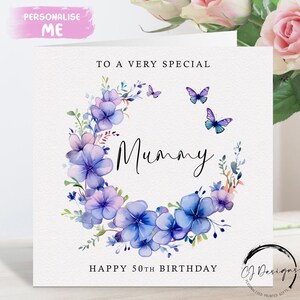 Gepersonaliseerde mummie verjaardagskaart paarse bloem vlinder frame/krans elke leeftijd 30e 40e 50e 60e 65e 70e 75e 80e 85e 90e 95e 100e