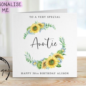 Tarjeta de cumpleaños personalizada para tía - Corona de girasoles para cualquier edad/nombre, tarjeta de felicitación para sus 18, 21, 30, 40, 50, 60, 70, 80, 90 años