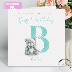 Cartão de aniversário personalizado para menino, nome inicial e idade, cartão de felicitações do Urso Verde, 1º, 2º, 3º, 4º, 5º, 6º e 7º ano, lembrança para qualquer idade