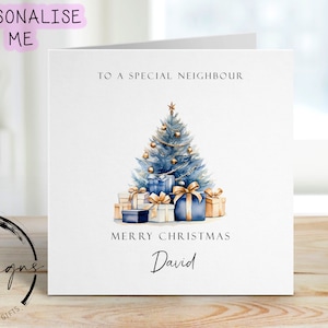 Tarjeta navideña personalizada para vecinos con temática azul y dorada, árboles y regalos