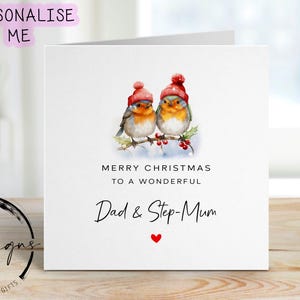 Carte de Noël pour papa et belle-mère - Carte Couple Robin portant des chapeaux de Noël et coeur rouge