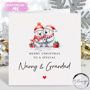 Carte de Noël nounou et grand-père - Carte couple ours polaire et coeur rouge