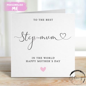 Stiefmoeder Moederdagkaart, beste stiefmoeder ter wereld hartlettertype en roze hart ELKE BEWOORDING