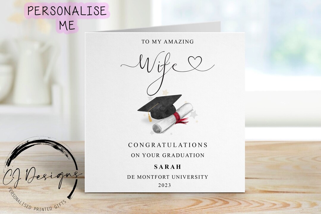 Personalised Wife Graduation Card With Cap & Scroll Name and University