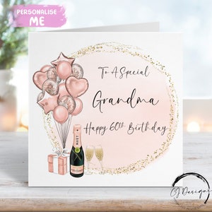 Carte d'anniversaire personnalisée grand-mère, or rose et ballons à thème dorés, tout âge 40e 50e 60e 70e 80e 90e 100e 65e 75e 85e