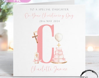 Personalised Daughter Christening Card, Initial Name and Date Greeting Card, Christening Day Keepsake For Her