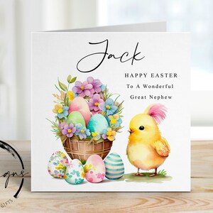 Biglietto di Pasqua personalizzato per pronipote con nome - Illustrazione di pulcino e uovo di Pasqua - Biglietto per lui - 2 misure disponibili