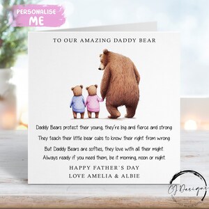 Carte poème personnalisée papa ours pour la fête des pères de JUMEAUX ou jusqu'à 4 enfants - Papa et bébé ours TOUTES VARIATIONS Carte pour lui avec des noms