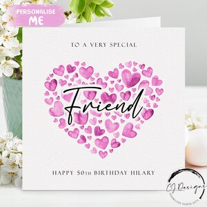 Carte d'anniversaire personnalisée pour un ami, coeurs roses, N'IMPORTE QUELLE TEXTE/ÂGE/ Prénom 16e 18e 18e 20e 21e 25e 30e 35e 40e 45e 50e 60e 70e 80e 90e