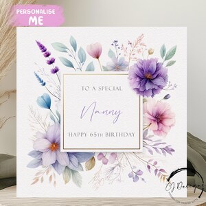 Carte d'anniversaire personnalisée pour nounou, cadre floral rose, violet et bleu Tout âge 40e 45e 50e 55e 60e 65e 70e 75e 80e 85e 90e 100e