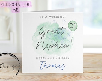 May include: A white birthday card with the text "To A Wonderful Great Nephew" in script font. The card has a green watercolor design and a green balloon with the number 21. The name "Thomas" is written in blue.