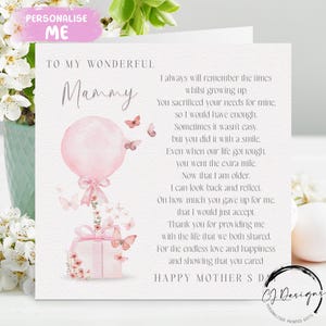 Mammy Moederdagkaart, gedichtenkaart - roze ballon en cadeau: WELKE BEWOORDING