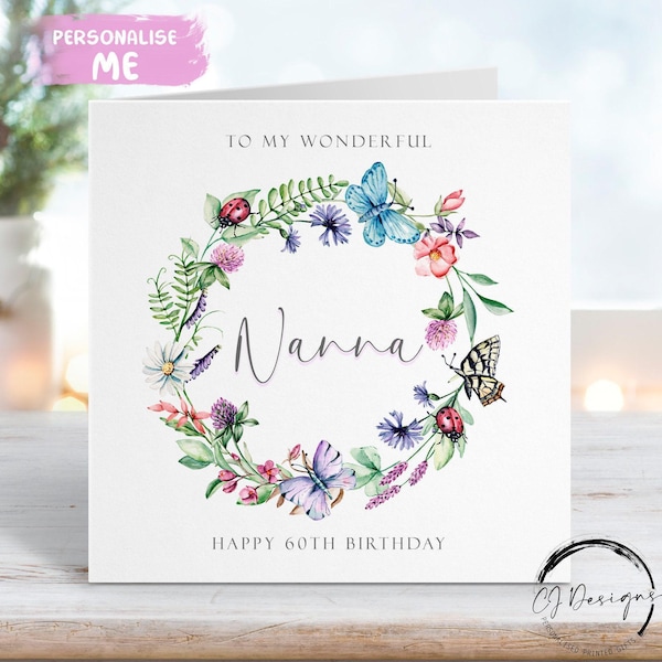 Tarjeta de cumpleaños para la abuela, corona floral personalizada - Mariquitas y mariposas